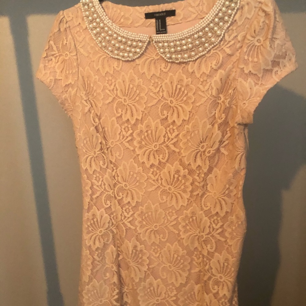 Peach Lace Mini Dress with Pearl Collar